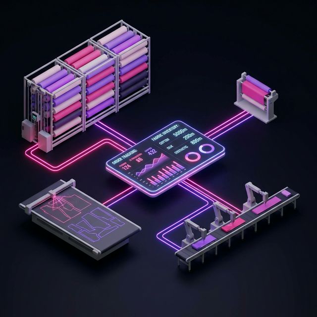 Textile manufacturing command center — fabric rolls, cutting table, sewing line, and order dashboard